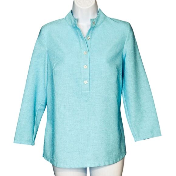 Mary G Palm Beach Suzanne Travel Blouse Linen Look Aqua Blue Button Tunic Small - Picture 1 of 7
